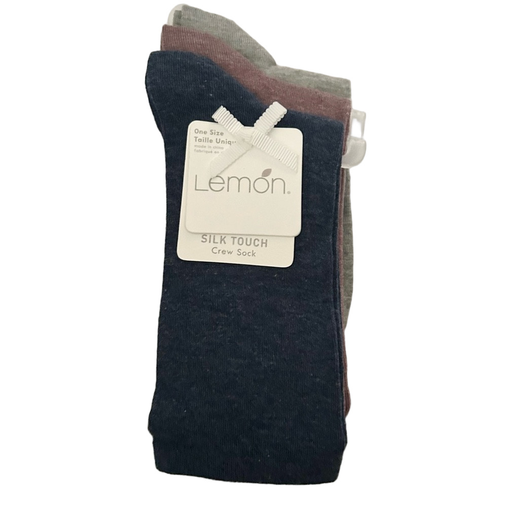 Lemon Woman’s 3 Pack Silk Touch Crew Socks Blue Maroon Grey NWT